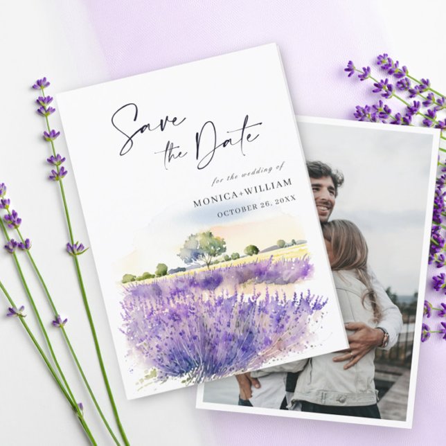 Watercolor Lavender Flowers Field Wedding Photo Save The Date (Creator Uploaded)