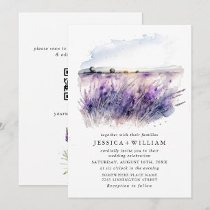 Watercolor Lavender Flowers Field Wedding QR code Invitation