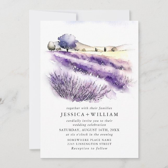 Watercolor Lavender Flowers Field Wedding QR code Invitation (Front)