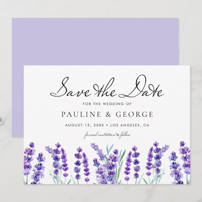 Watercolor Lavender Flowers Floral Bouquet Save The Date (Front/Back)
