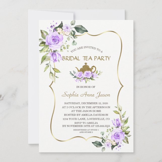 Watercolor Lavender Flowers Gold Bridal Tea Party Invitation (Front)