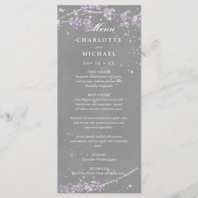 Watercolor lavender flowers grey wedding menu (Front)