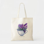 Watercolor Lavender Flowers in Teacup Personalised Tote Bag<br><div class="desc">Whimsical and botanical floral tote bag featuring watercolor bouquet of lavender flowers inside a teacup. Personalise by adding names or short phrase. This lavender tote bag will be perfect as a personalised gift.</div>