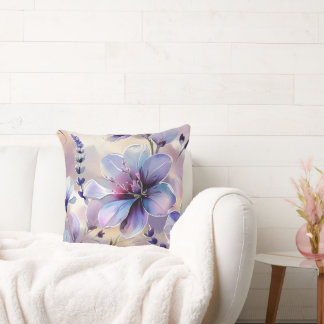 Watercolor Lavender Flowers Pattern Throw Pillow