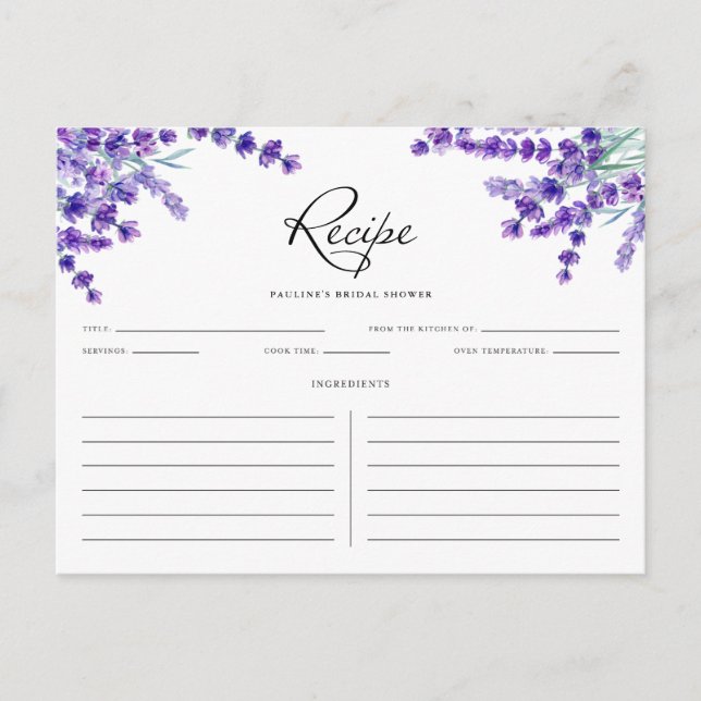 Watercolor Lavender Flowers Spring Recipe Card (Front)