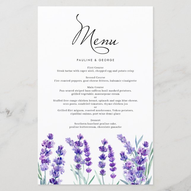 Watercolor Lavender Flowers Spring Wedding Menu (Front)