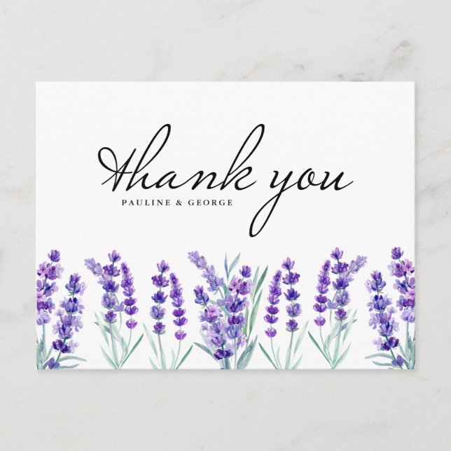 Watercolor Lavender  Flowers Wedding Thank You Postcard (Front)