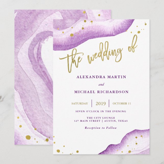 Watercolor Lavender Gold Geode Wedding Invitation (Front/Back)