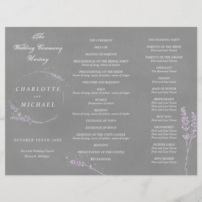 Watercolor lavender grey wedding program (Front)
