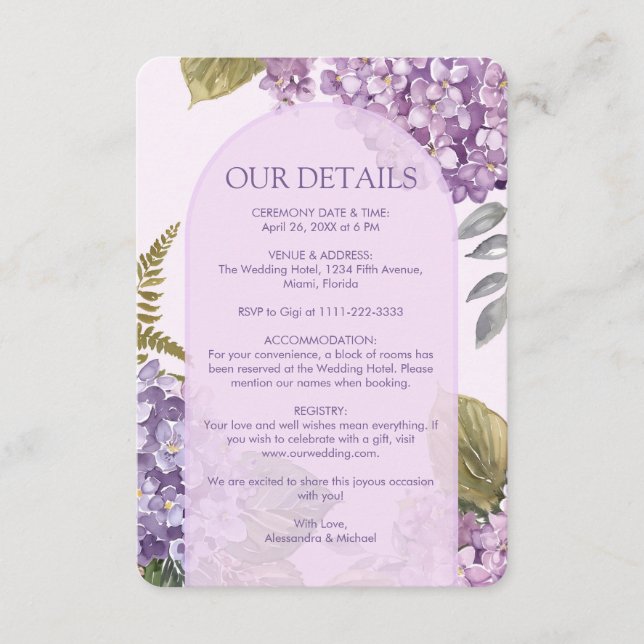 Watercolor Lavender Hydrangea Fern Leaves Wedding Enclosure Card (Front)
