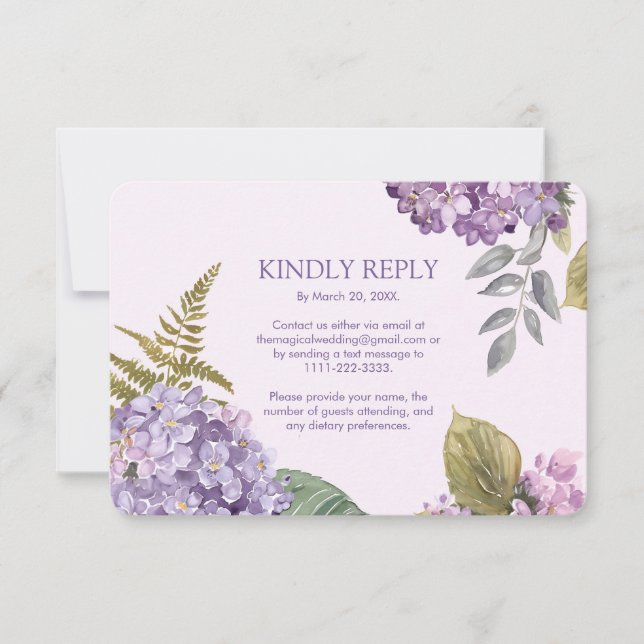 Watercolor Lavender Hydrangea Fern LeavesWedding RSVP Card (Front)