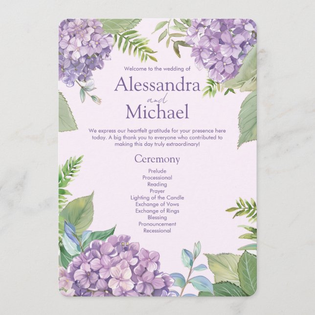 Watercolor Lavender Hydrangea Flowers Fern Wedding Programme (Front)
