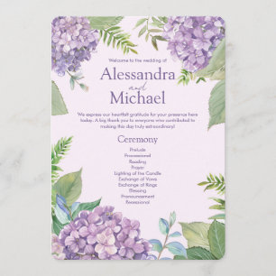 Watercolor Lavender Hydrangea Flowers Fern Wedding Programme
