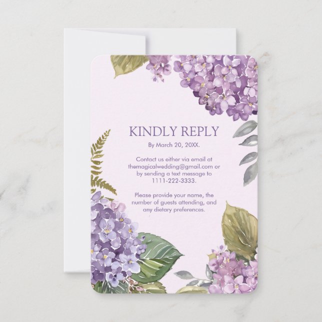 Watercolor Lavender Hydrangea Flowers Wedding RSVP Card (Front)