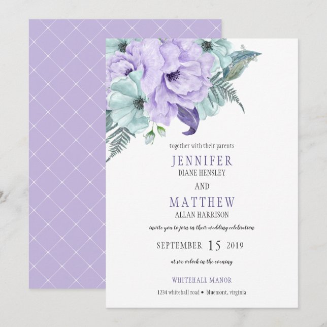 Watercolor Lavender Mint Purple Peonies Wedding Invitation (Front/Back)
