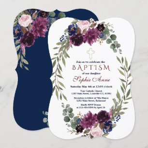 Watercolor Lavender Navy  Marsala Floral  Baptism Invitation