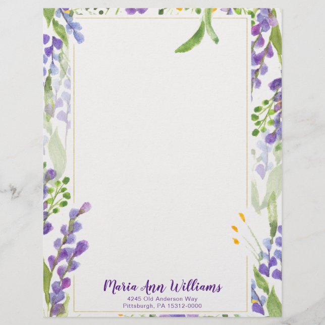 Watercolor Lavender Personalised Letterhead (Front)