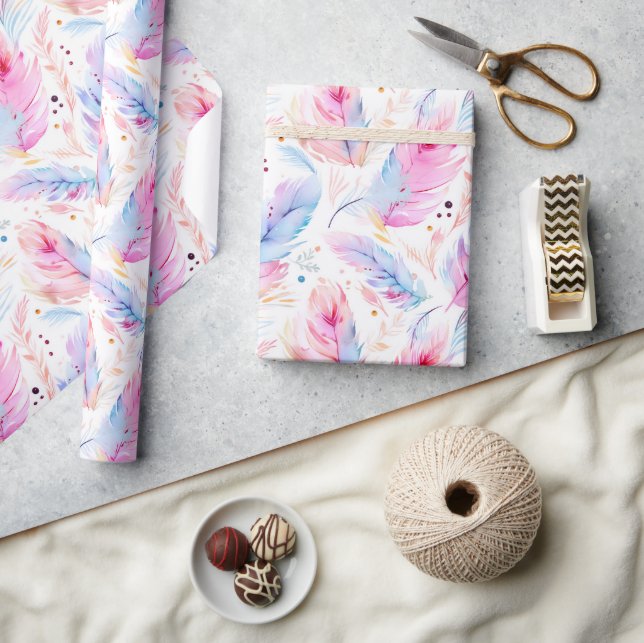 Watercolor Lavender Pink Bright Feathers Spring Wrapping Paper (Crafts)