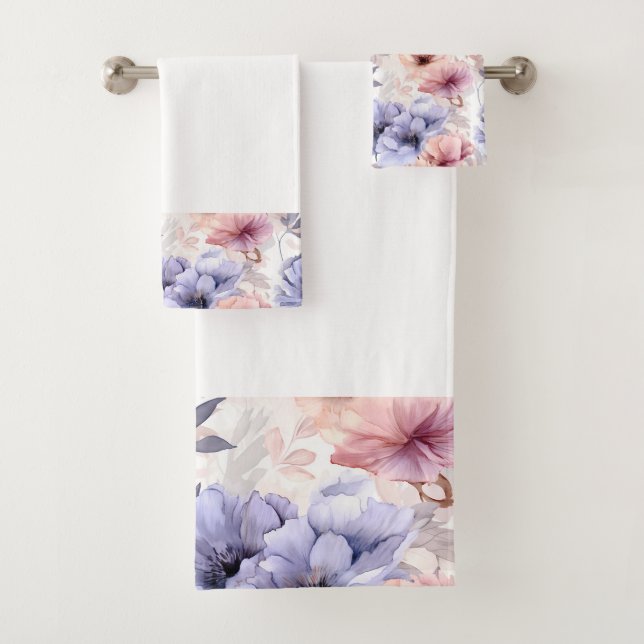 Watercolor Lavender Pink Pastel Flowers Spring Bath Towel Set (Insitu)