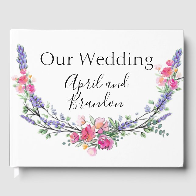 Watercolor Lavender Pink Wild Rose and Eucalyptus Guest Book (Front)