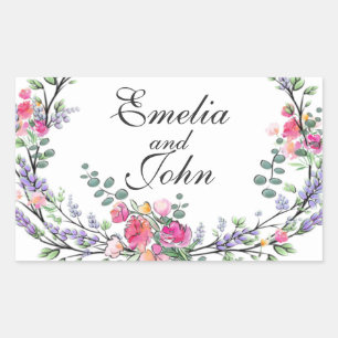 Watercolor Lavender Pink Wild Rose and Eucalyptus Rectangular Sticker