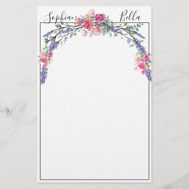Watercolor Lavender Pink Wild Rose and Eucalyptus Stationery (Front)