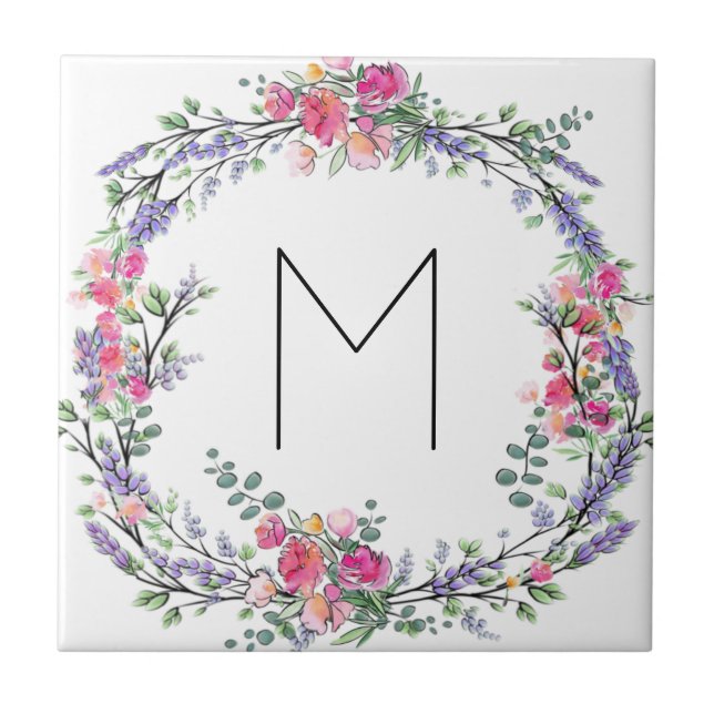 Watercolor Lavender Pink Wild Rose and Eucalyptus Tile (Front)