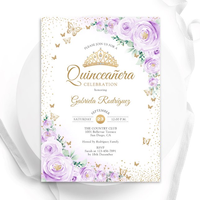 Watercolor Lavender Purple Floral Quinceanera Invitation (Creator Uploaded)