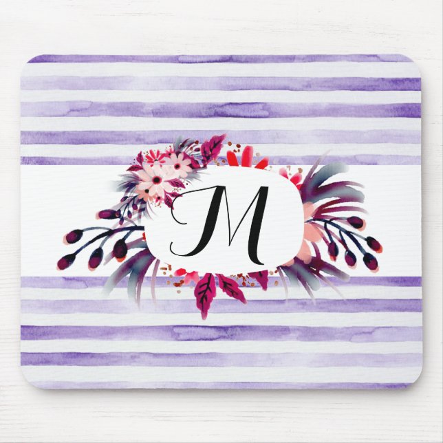 Watercolor Lavender Purple Stripes Floral Frame Mouse Mat (Front)