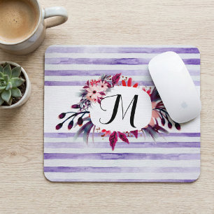 Watercolor Lavender Purple Stripes Floral Frame Mouse Mat