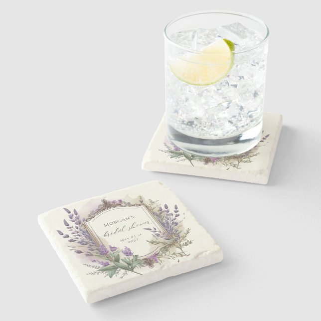 Watercolor Lavender Regal Bridal Shower Stone Coaster (Side)