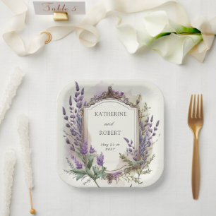 Watercolor Lavender Regal Monogram Wedding Paper Plate