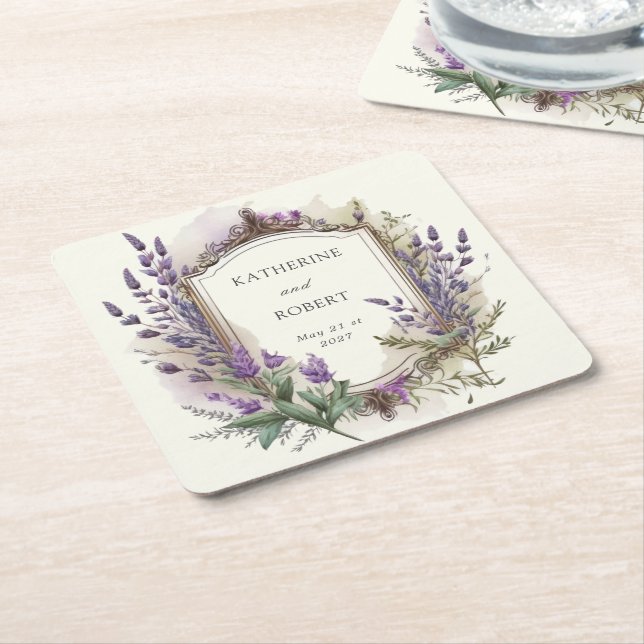 Watercolor Lavender Regal Monogram Wedding Square Paper Coaster (Angled)