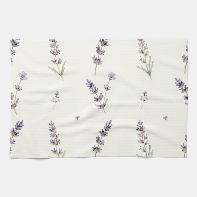 Watercolor Lavender Sprigs Delicate Floral Pattern Tea Towel (Horizontal)