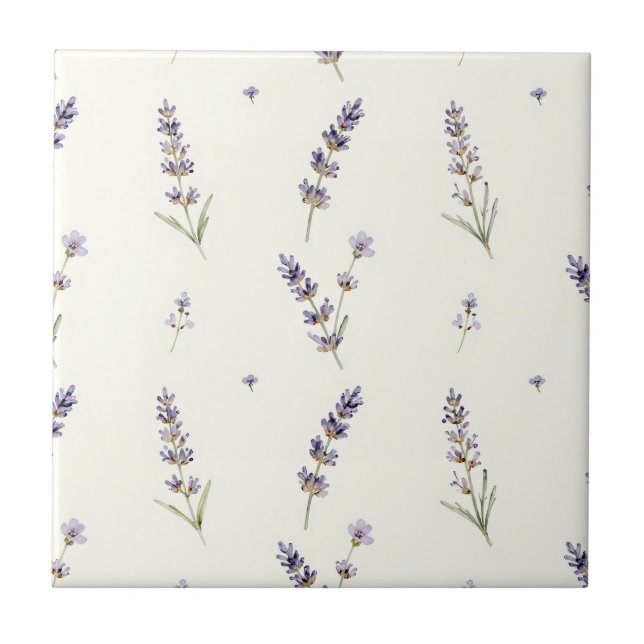 Watercolor Lavender Sprigs Delicate Floral Pattern Tile (Front)