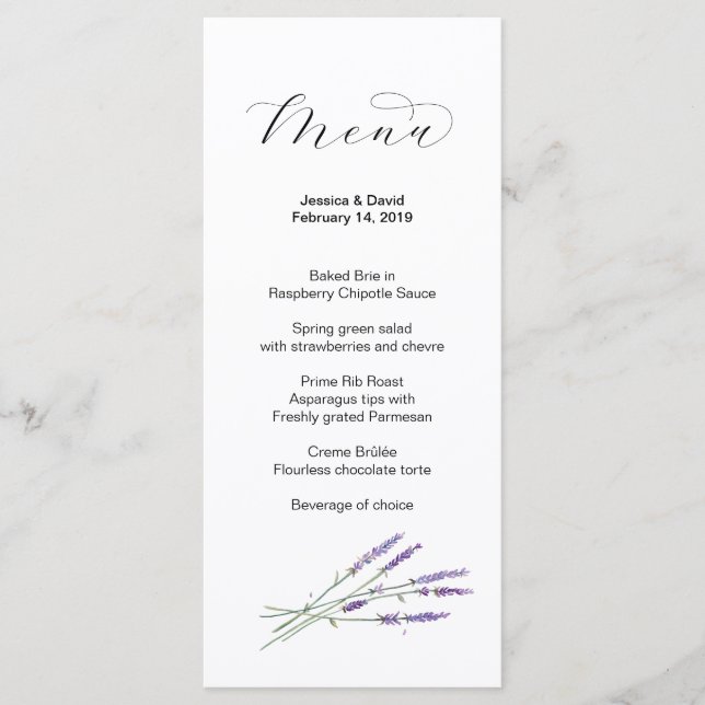 Watercolor Lavender Wedding Menu (Front)