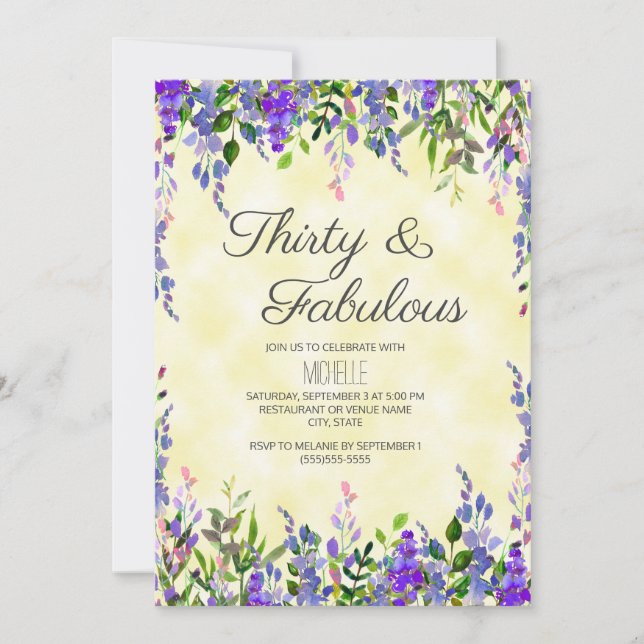 Watercolor Lavender Yellow 30 & Fabulous Birthday Invitation (Front)