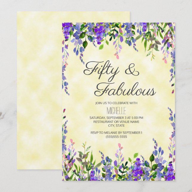 Watercolor Lavender Yellow 50 & Fabulous Birthday Invitation (Front/Back)