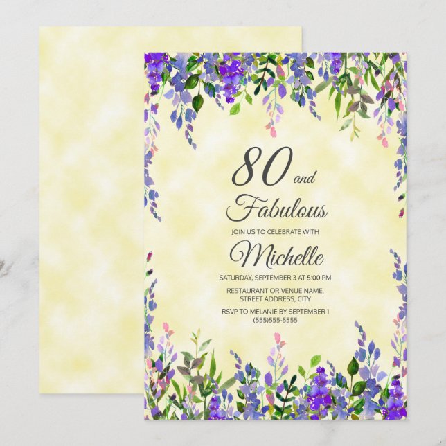 Watercolor Lavender Yellow 80 & Fabulous Birthday Invitation (Front/Back)