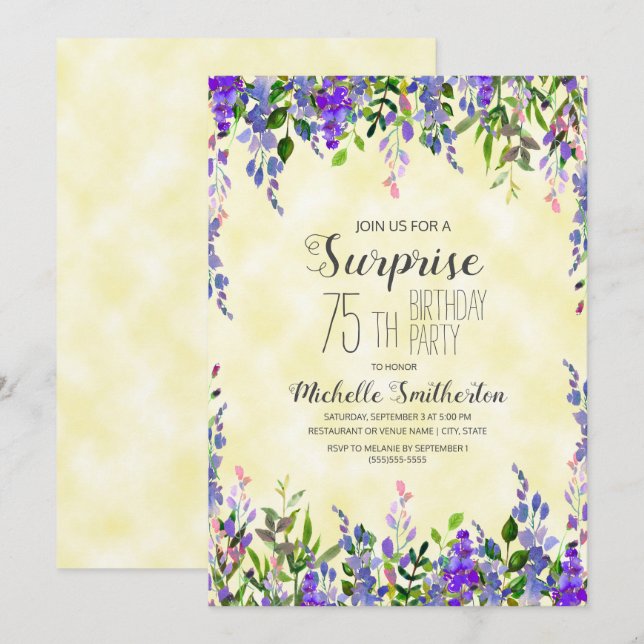 Watercolor Lavender Yellow Surprise 75th Birthday Invitation (Front/Back)