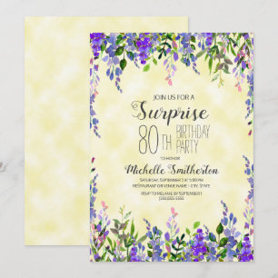 Watercolor Lavender Yellow Surprise 80th Birthday Invitation