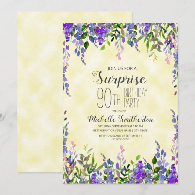 Watercolor Lavender Yellow Surprise 90th Birthday Invitation (Front/Back)