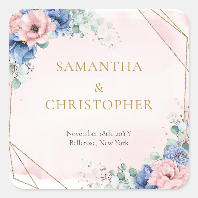 Watercolor lavish bouquet blush and blue flowers square sticker (Front)