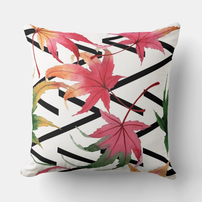 Watercolor Leaf/Black Stripe Reversible Pillow (Front)