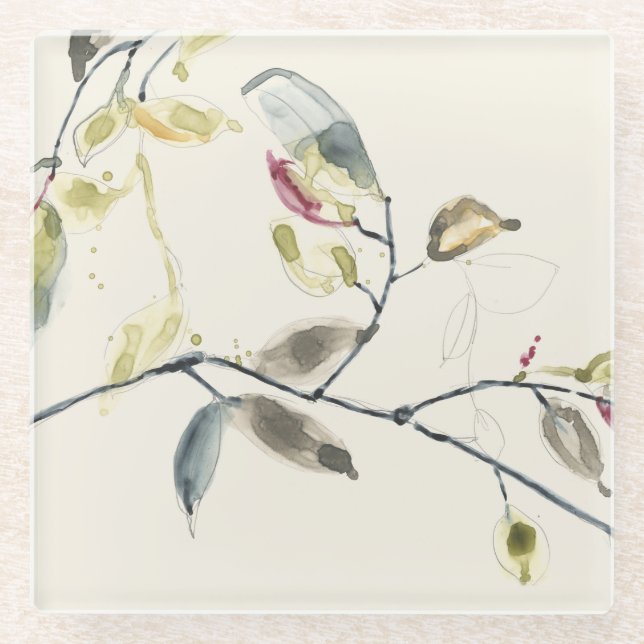 Watercolor Leaf Branch Glass Coaster (Front)