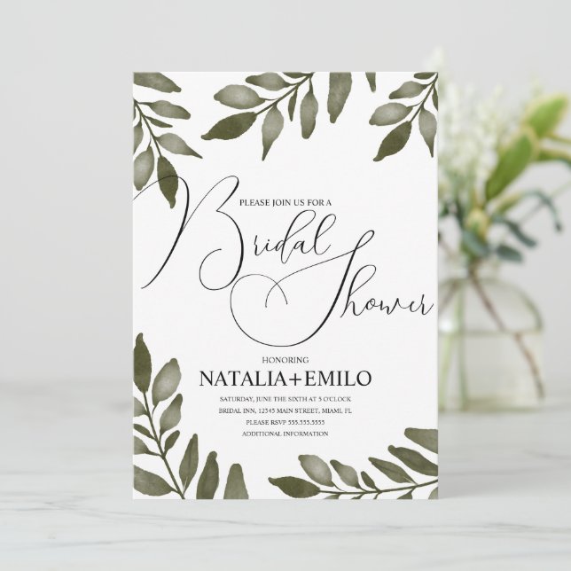 Watercolor Leaf Branch Greenery Bridal Shower Invitation (Standing Front)