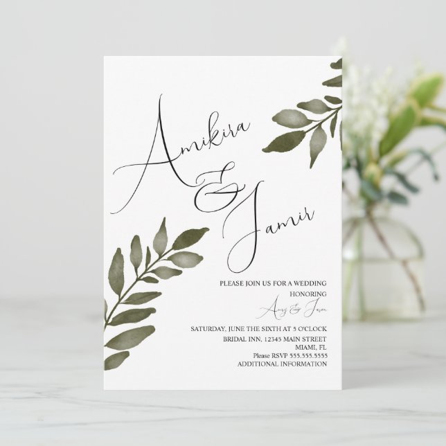 Watercolor Leaf Branch Greenery Script Wedding  Invitation (Standing Front)