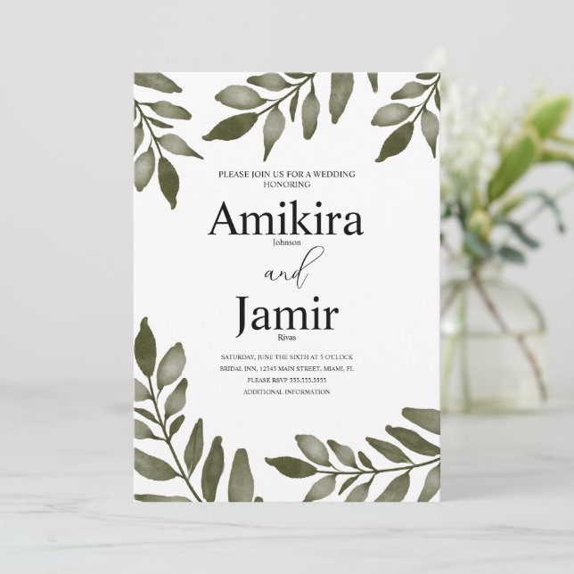 Watercolor Leaf Branch Greenery Simple Wedding   Invitation (Standing Front)