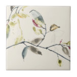 Watercolor Leaf Branch Tile<br><div class="desc">Leaf Branch II by Jennifer Goldberger. Watercolor droplets in goldish yellow and reddish pink create gentle leaves on dark grey and black branches.</div>