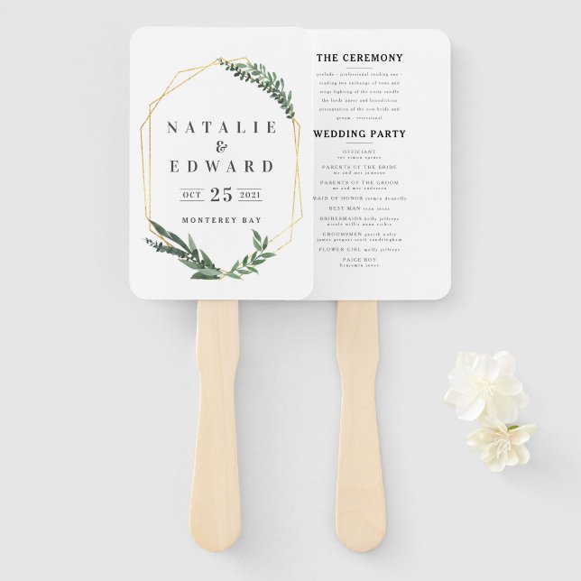 watercolor leaf gold geometric frame wedding hand fan (Front and Back)